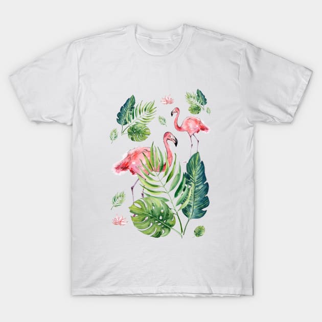 Elegant Pink Flamingo Tropical Leaves Pattern T-Shirt by in_pictures